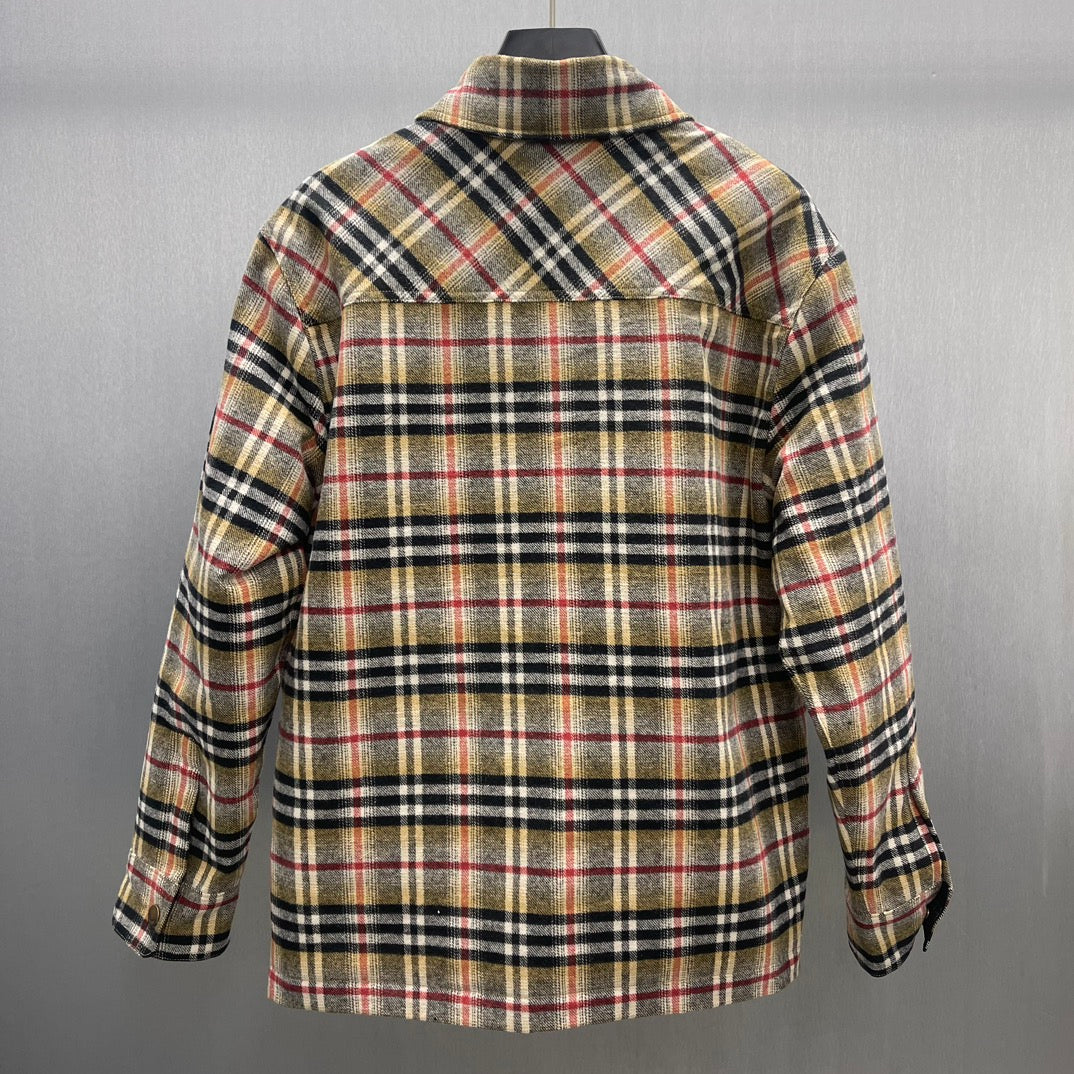 Burberry plaid overshirt back view with yoke seams and curved hem