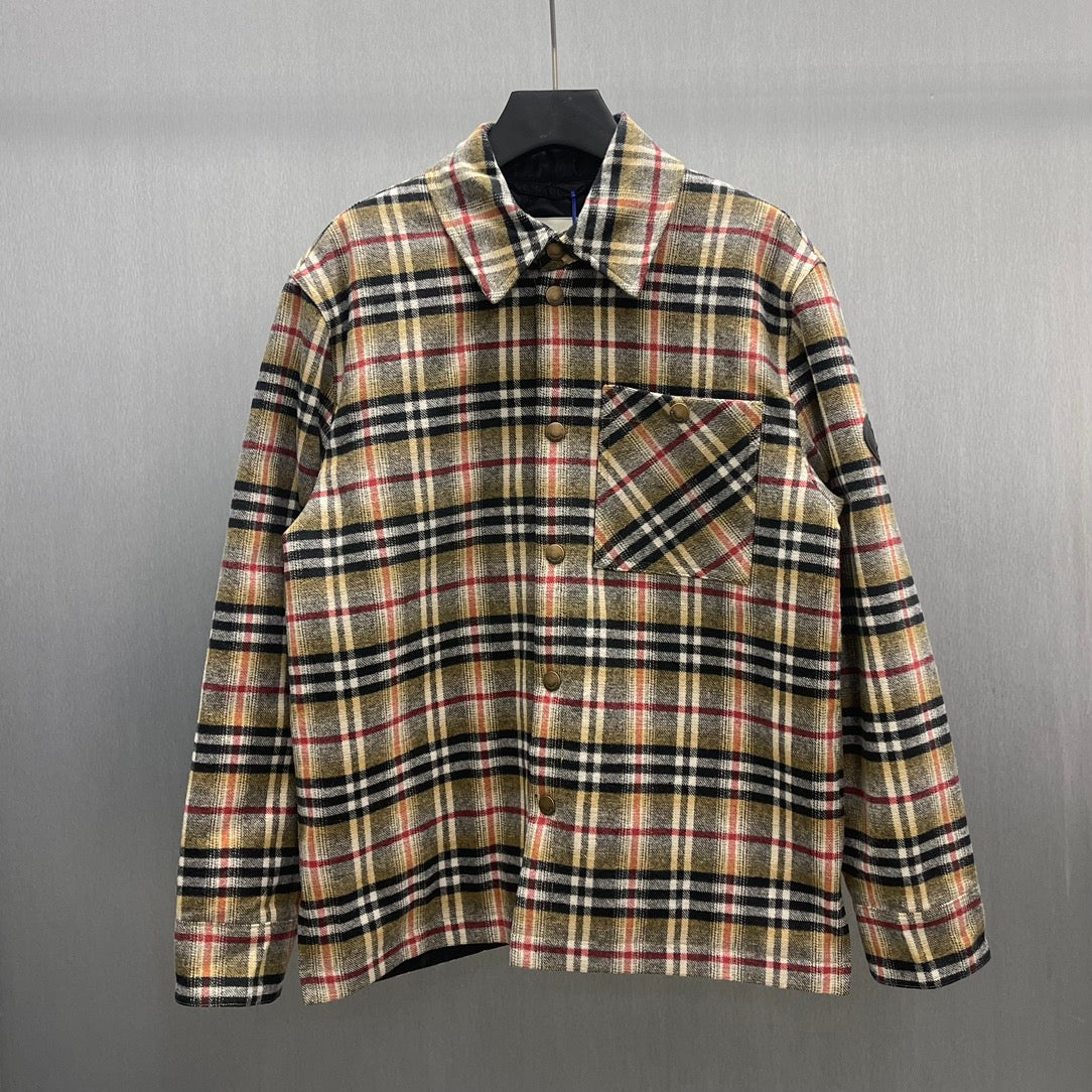 Burberry plaid button-up overshirt with pointed collar and chest flap pocket