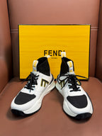 White and black low-profile high-top sneakers with black laces and contrasting panels
