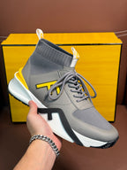 Fendi unisex high-top sneaker in light gray with gray laces, white outsole, yellow logo