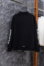 Black zip-up hoodie, back view, white sleeve graphic