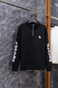 Black zip-up hoodie with hood and white chest logo