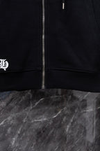 Black hoodie front zipper with ribbed hem and drawstring area