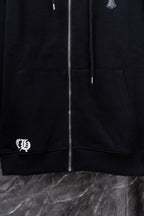 Black zip-up hoodie with front zipper, kangaroo pocket, and left chest logo