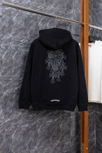 Black zip-up hoodie with large back graphic and drawstring hood