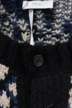 Knit cardigan button front detail, black knit with navy and cream geometric pattern