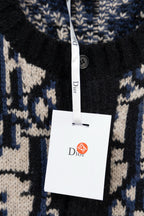 Knit cardigan with Dior hang tag and black button front, navy/cream geometric knit