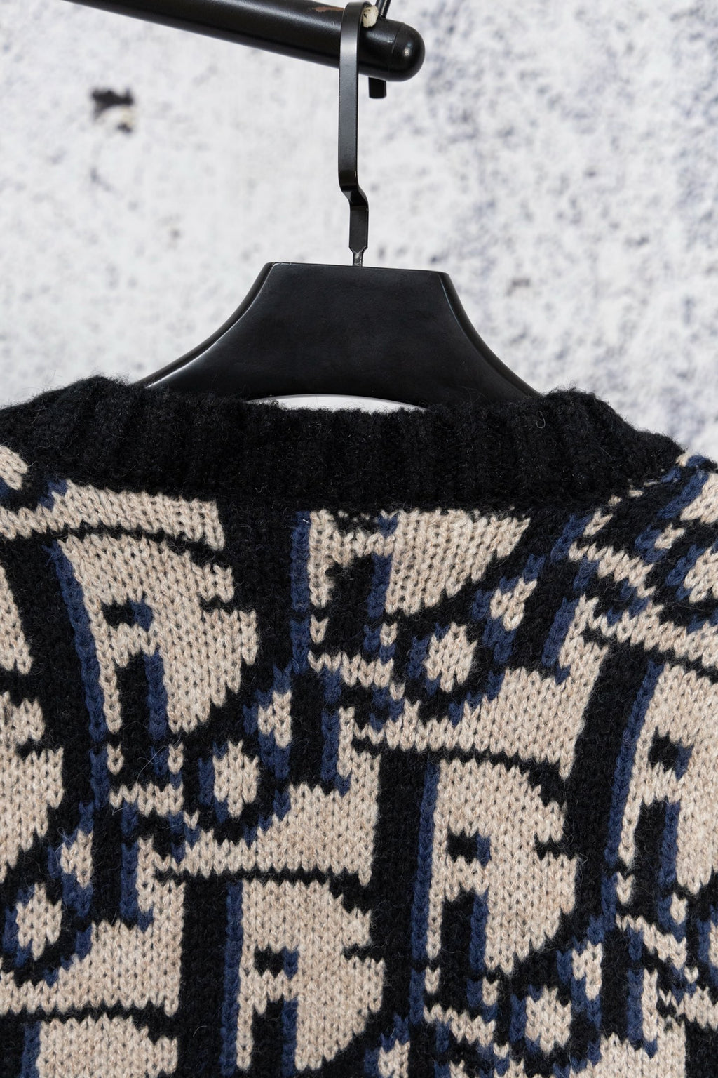 Knit cardigan back yoke and collar, black with navy and cream geometric jacquard