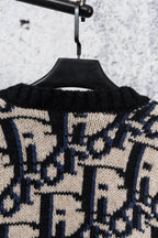 Knit cardigan back yoke and collar, black with navy and cream geometric jacquard