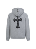 Light gray pullover hoodie with hood and large black cross graphic on back