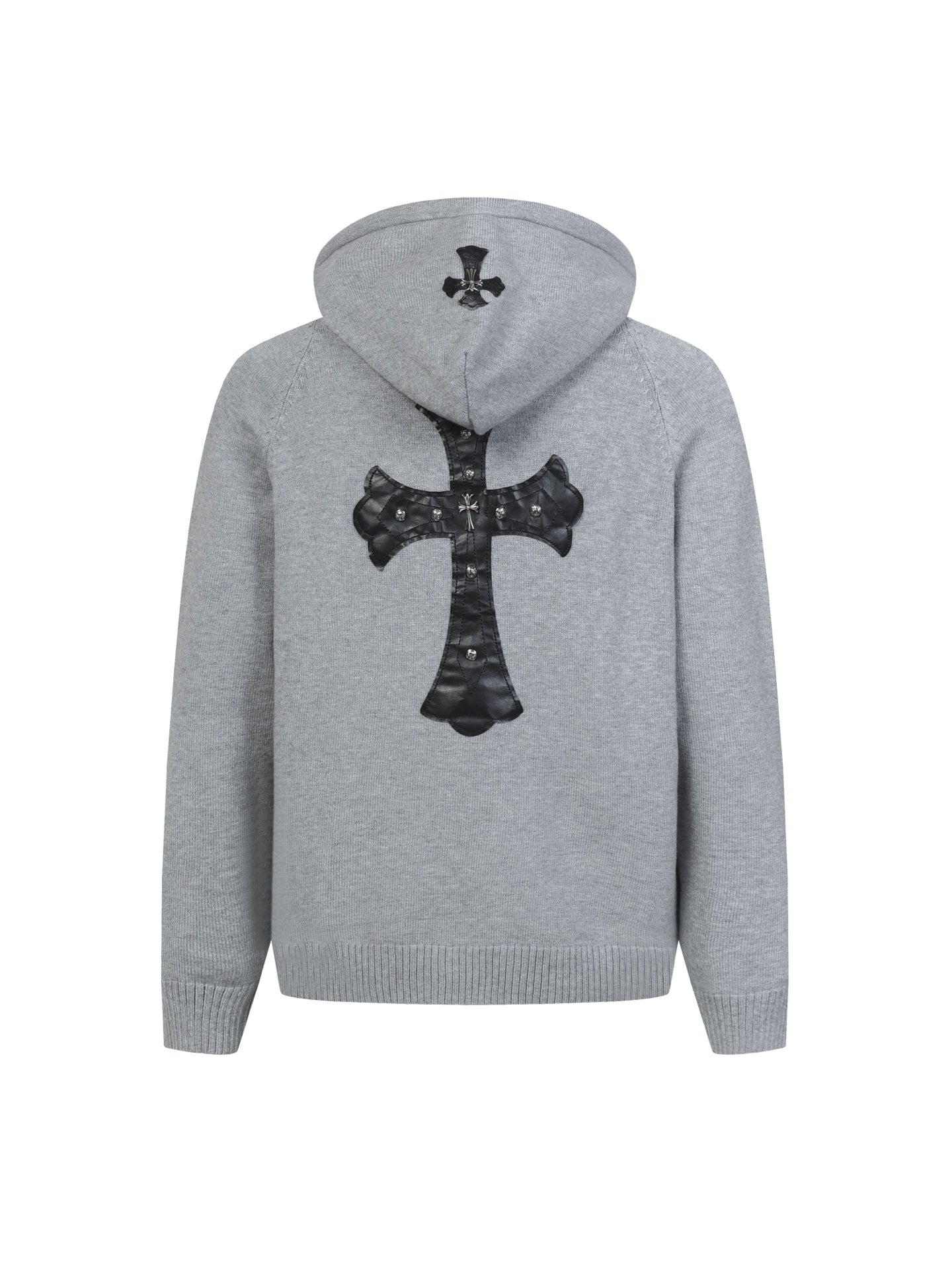 Light gray pullover hoodie with hood and large black cross graphic on back