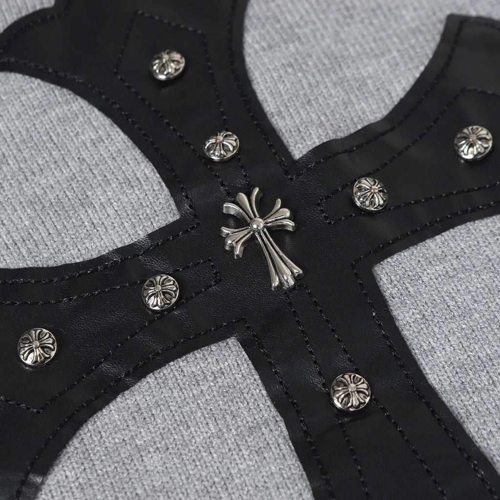Gray hoodie front with black cross straps and silver button trim