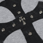 Gray hoodie front with black cross straps and silver button trim
