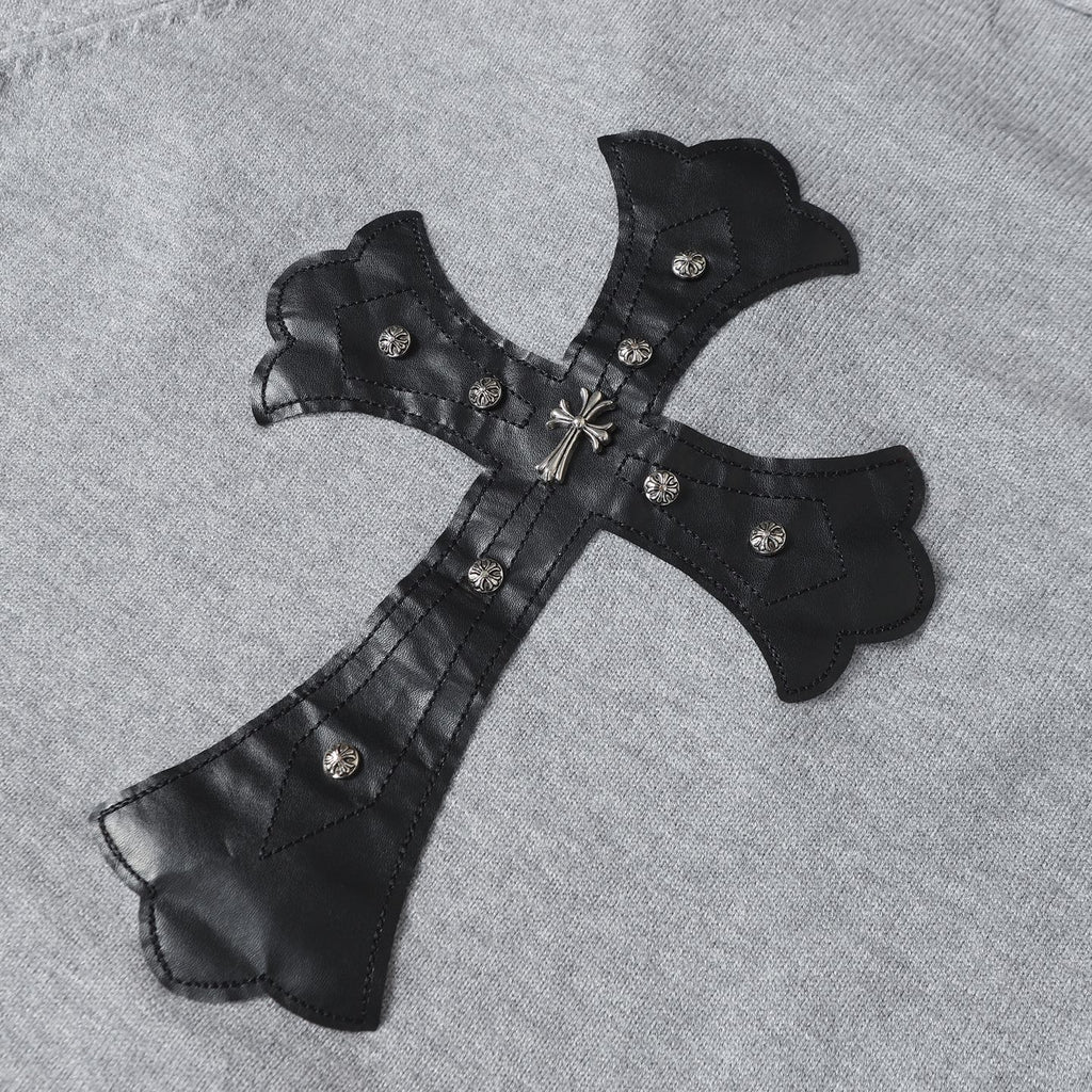 Gray hoodie with black corset-style applique, silver buttons, and bow tie