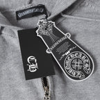 Light gray hoodie with black hang tag and product label near the zipper