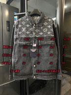 Monogram denim jacket front with size labels and hanging tags, dark gray with cream Louis Vuitton icons