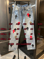 Light-wash denim pants with cross patches shown with size and measurement chart