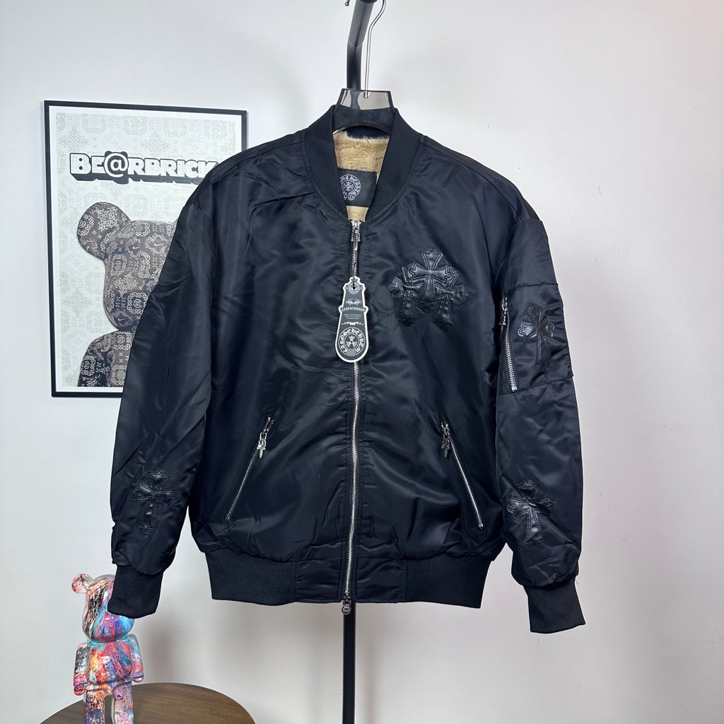 Long-sleeve dark blue bomber jacket with front zipper and ribbed cuffs