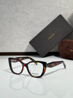 Prada eyeglasses, black rectangular frames with multicolor temples and Prada logo on front