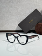 Prada eyeglasses, dark blue rectangular frames with clear lenses and Prada logo on front