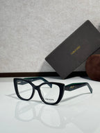 Prada eyeglasses, dark blue rectangular frames with clear lenses and Prada logo on front