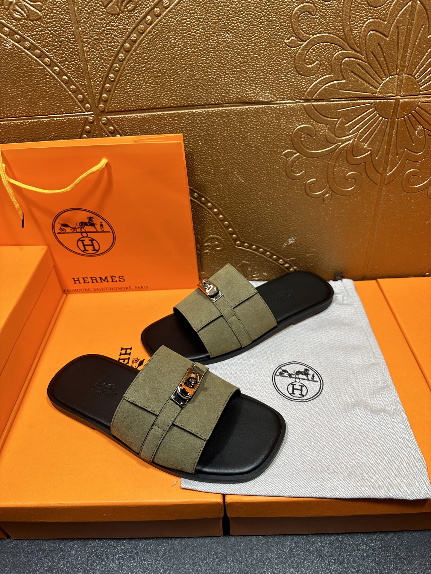 Hermes slide sandals, olive green straps with silver buckle detail over black sole