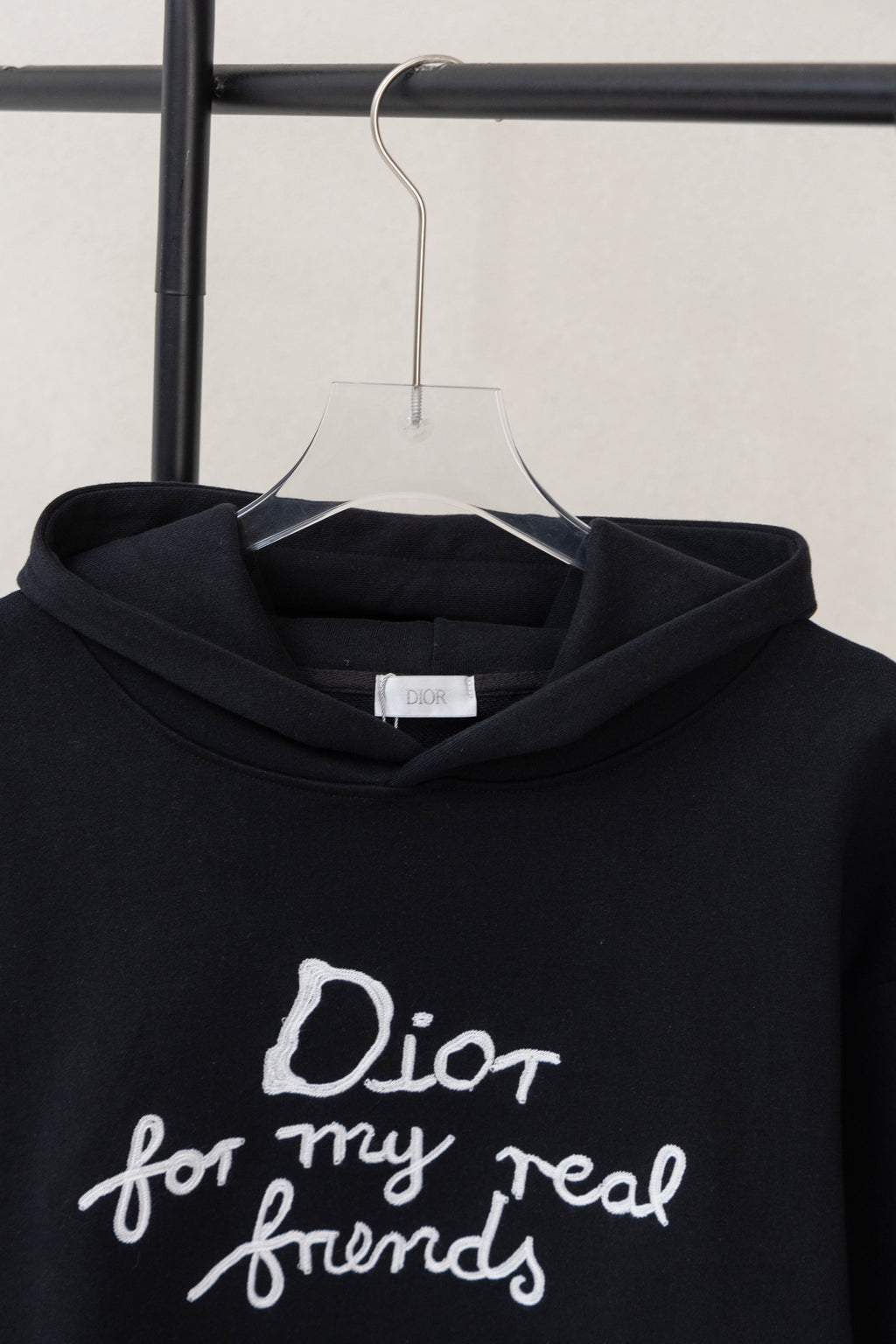 Dior black hoodie hood with white 'Dior for my real friends' print