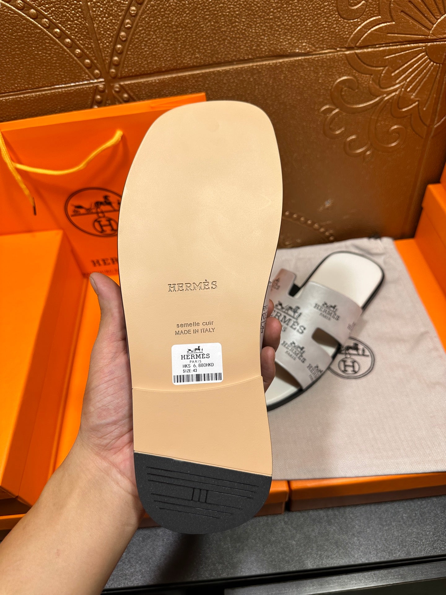 Hermes white sandal outsole sole pad with barcode label and ridged tread