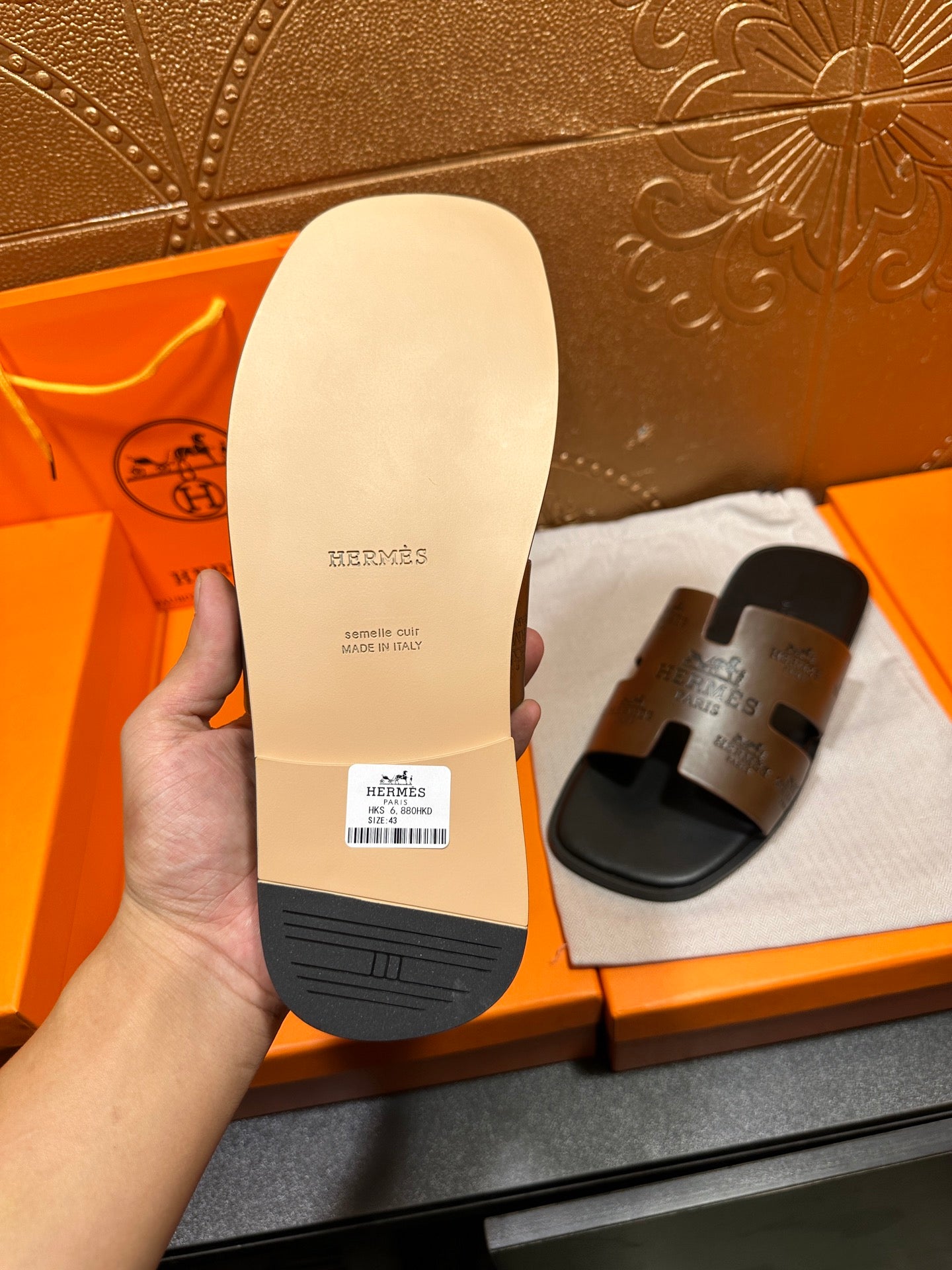 Hermes sandal outsole, light beige sole with embossed brand text