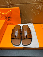 Hermes leather sandals, dark brown slides with wide straps and open toe