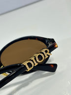 Black sunglasses frame close-up with gold DIOR logo on temple
