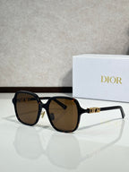 Dior sunglasses with black frame and brown-tinted lenses, gold accents