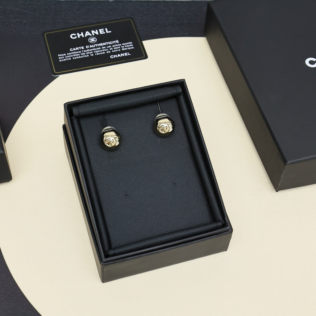 Gold-tone button stud earrings with Chanel-style logo in black gift box