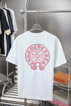 White short-sleeve T-shirt with large red crest logo on back