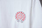 White T-shirt chest logo in red and gray embroidery