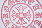 Red and gray embroidered crest logo on white T-shirt