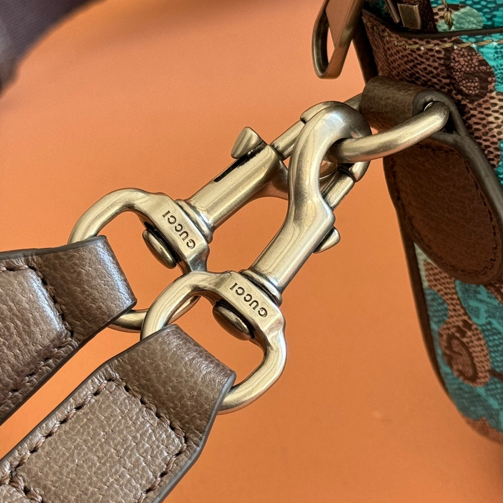 Metal hook and strap connector for Gucci crossbody bag, brown leather strap