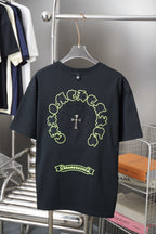 Dark short-sleeve T-shirt with neon green back circular graphic and text