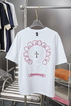 White short-sleeve T-shirt, back view, with red ring embroidery and cross