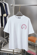 White short-sleeve T-shirt with red embroidered ring graphic and cross