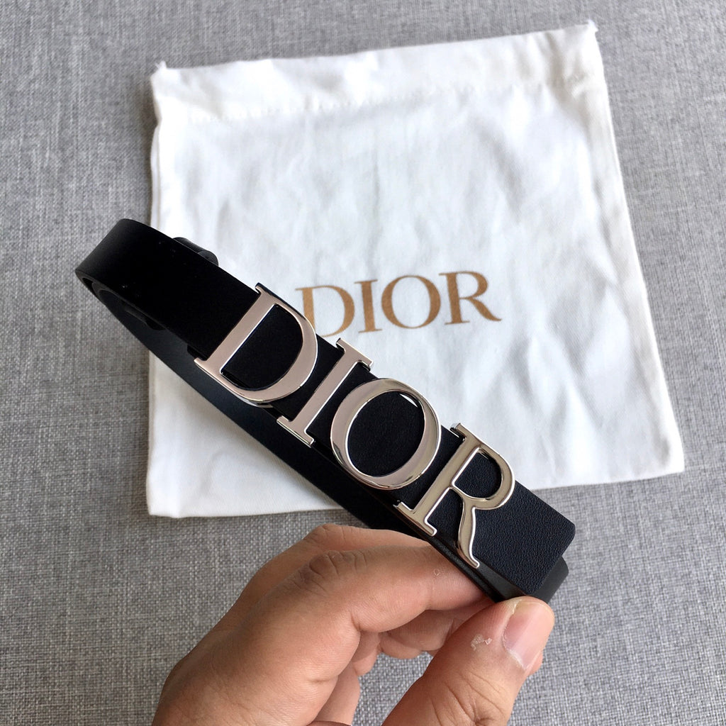 Dior belt with black strap and silver buckle, Dior lettering detail