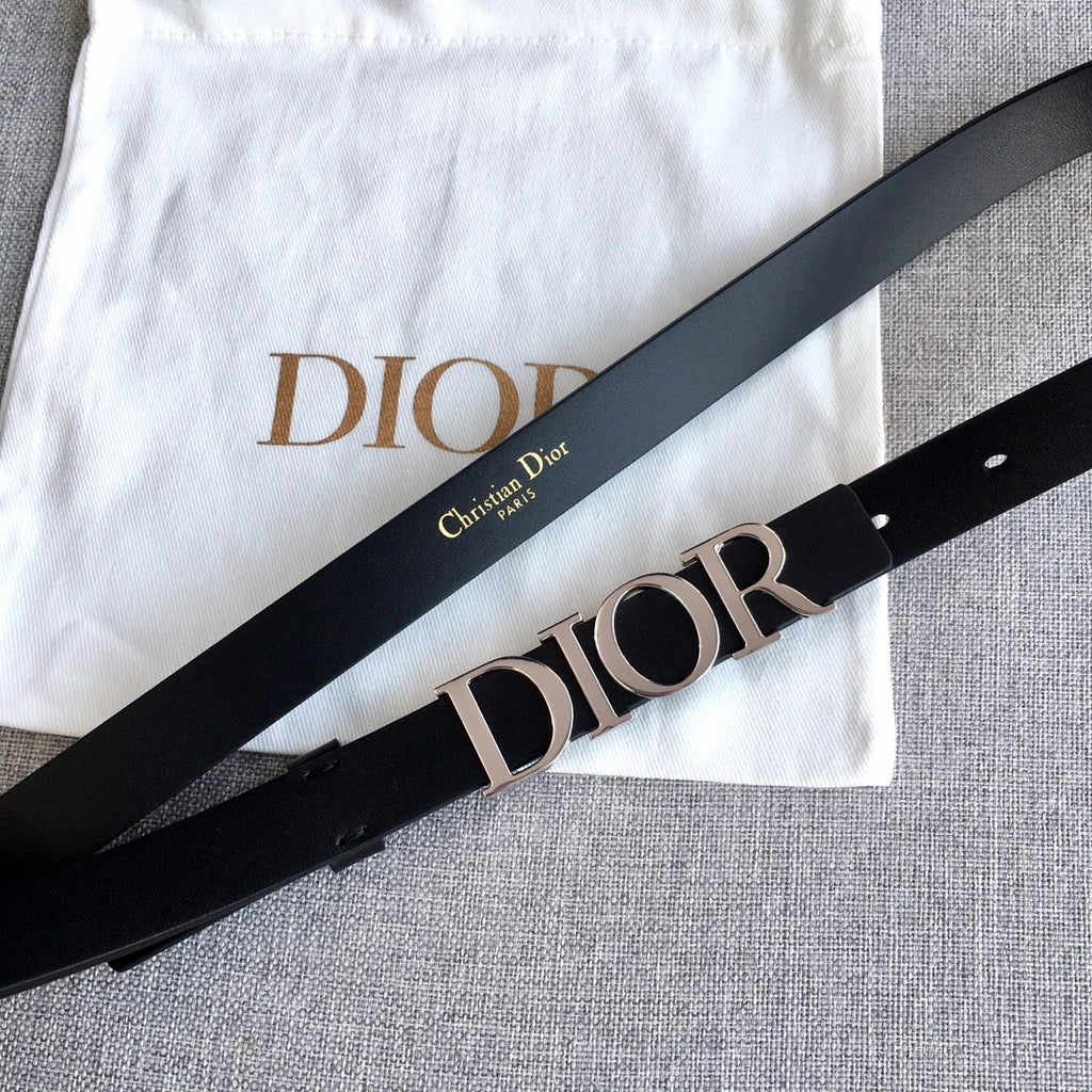 Dior belt black strap with silver buckle and Dior lettering, flat lay