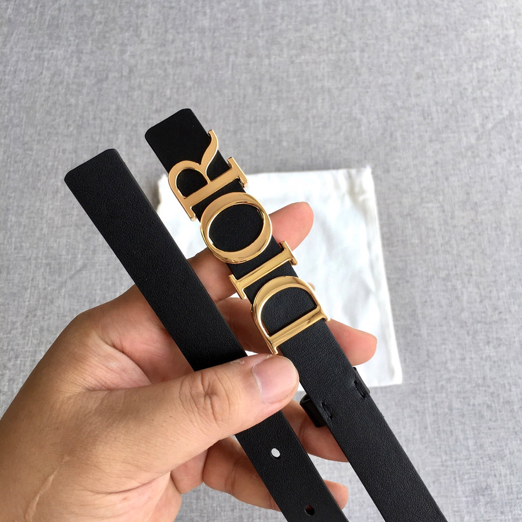 Black belt with gold-tone Dior buckle, side view with adjustable holes