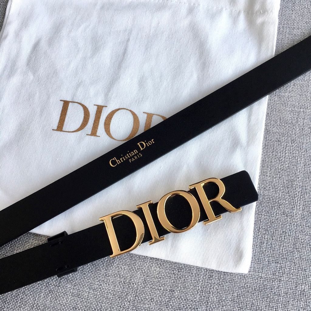 Black leather belt with gold-tone Dior logo buckle and visible strap holes