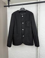 Black Louis Vuitton long jacket with button front and chest LV emblem