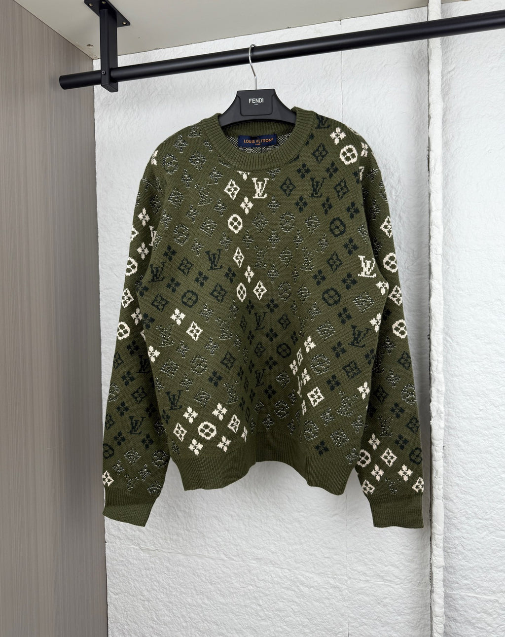 Louis Vuitton green knit sweater with monogram pattern, crew neck