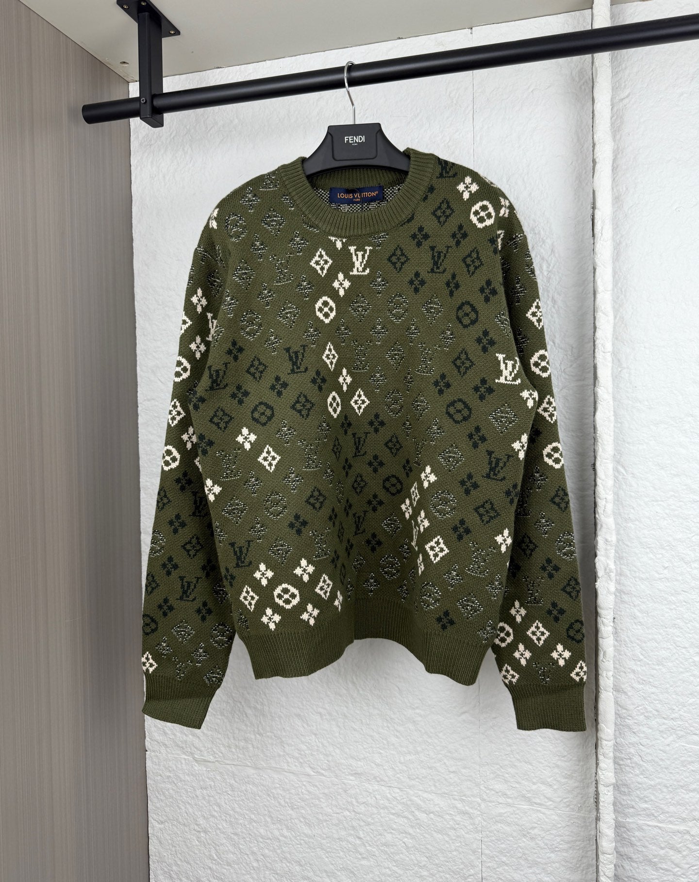 Louis Vuitton green knit sweater with monogram pattern, crew neck