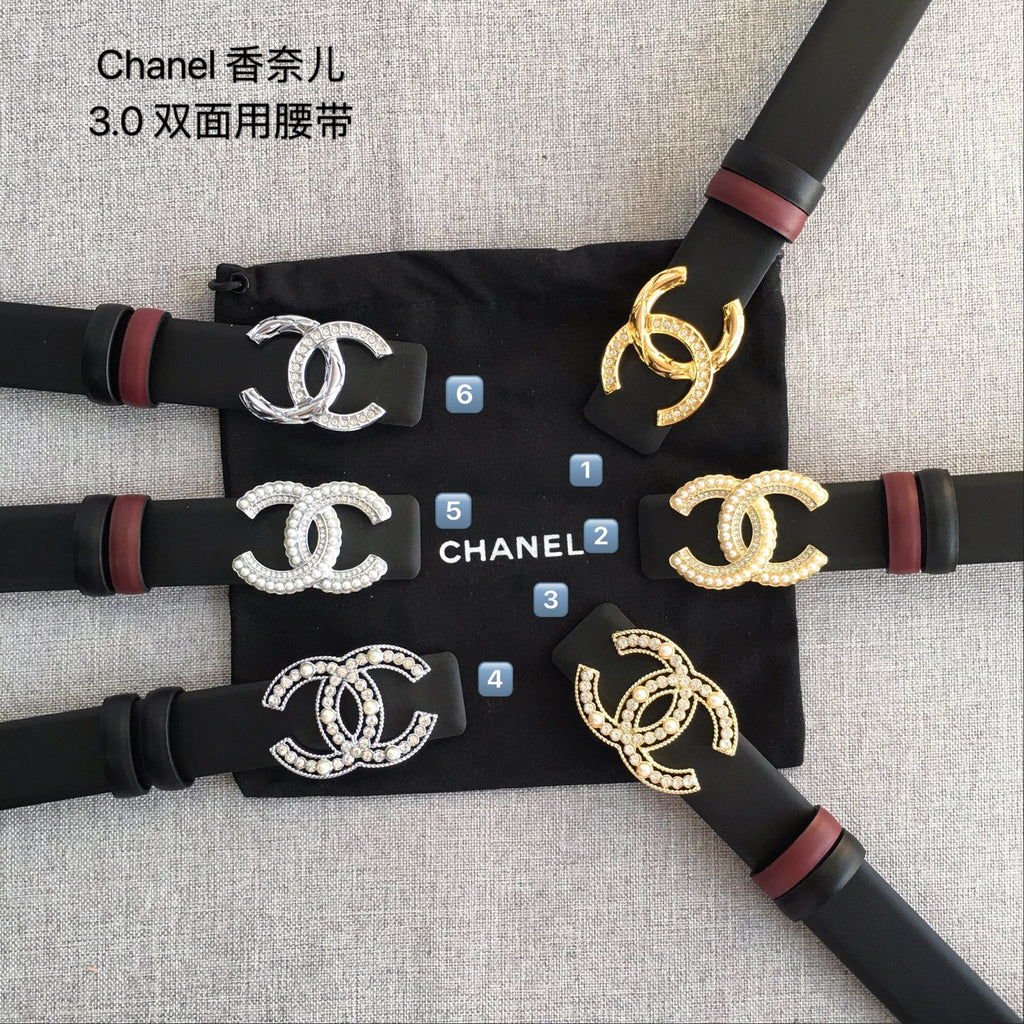 Set of black Chanel-style belts with CC logo buckles in multiple metal finishes