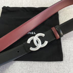 Black leather belt with burgundy strap and rhinestone CC logo buckle