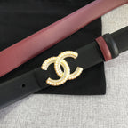 Black leather belt with burgundy edge and gold-tone CC logo buckle